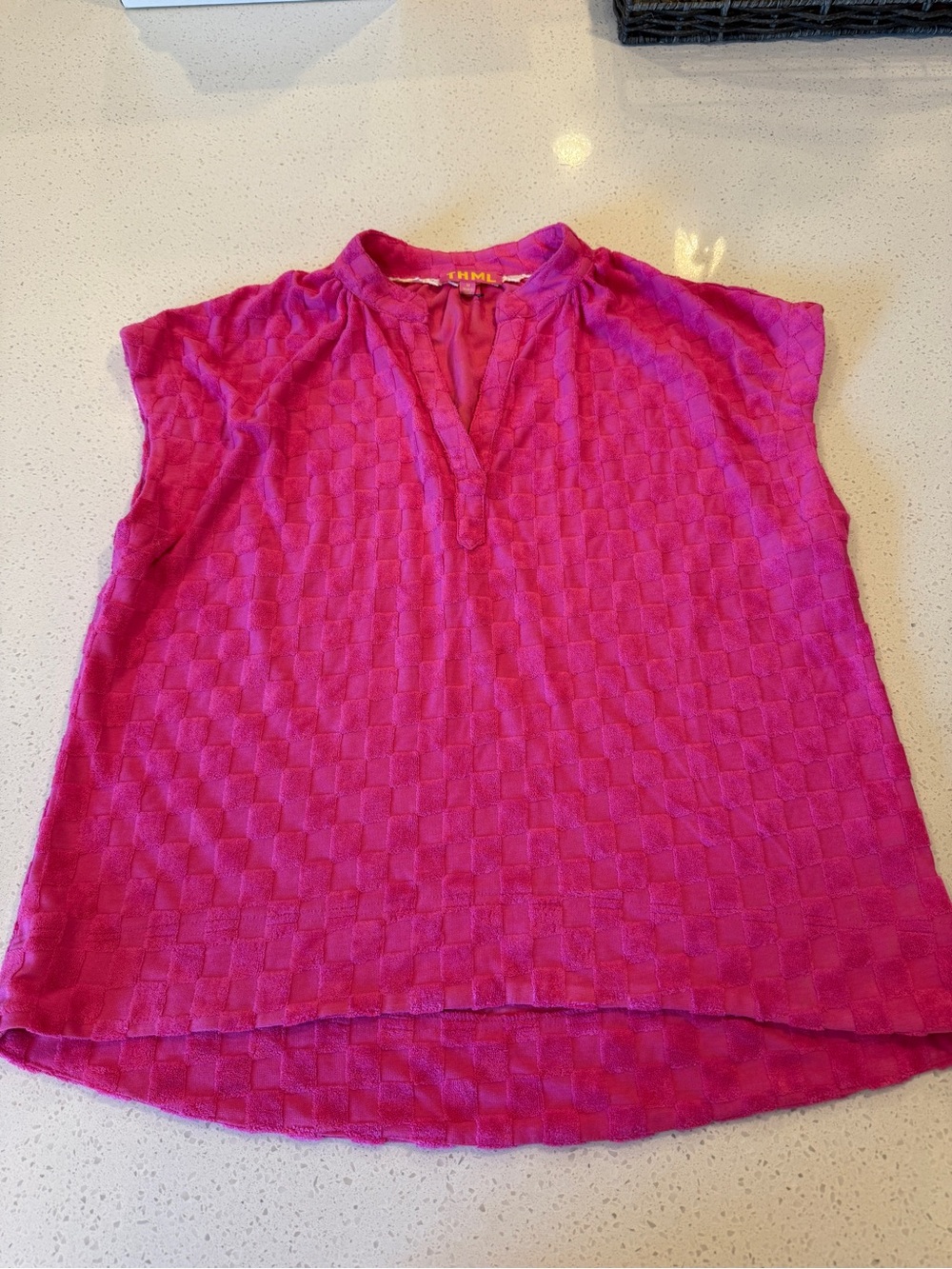 THML Hot Pink Textured Split-Neck Cap Sleeve Top - Picture 4 of 13